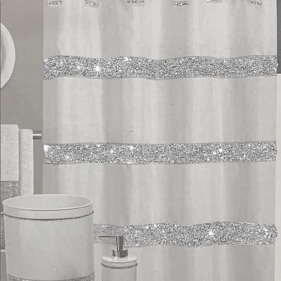 White Diamonds Shower Curtain Fabric Sparkling Rhinestones 72” x 72” White - Picture 7 of 14